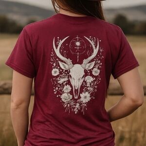 Mystic Deer Skull Graphic Tee • Western Boho Floral Antler Shirt • Maroon